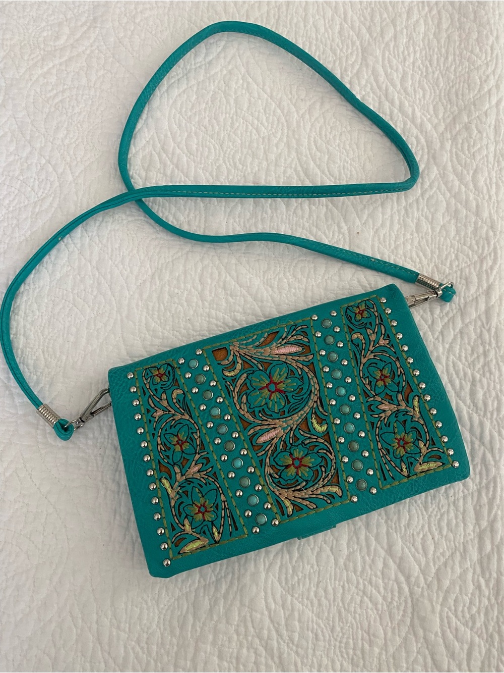 P&G Collection Western Turquoise Embroidered Crossbody Bag Stud Detailing NWOT